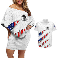 Personalized American Flag Bowling Team Couples Matching Off Shoulder Short Dress and Hawaiian Shirt Pins and Ball Torn Stripes and Patterned White - Wonder Print Shop