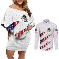 Personalized American Flag Bowling Team Couples Matching Off Shoulder Short Dress and Long Sleeve Button Shirt Pins and Ball Torn Stripes and Patterned White - Wonder Print Shop