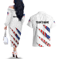 Personalized American Flag Bowling Team Couples Matching Off The Shoulder Long Sleeve Dress and Hawaiian Shirt Pins and Ball Torn Stripes and Patterned White - Wonder Print Shop