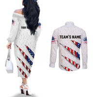 Personalized American Flag Bowling Team Couples Matching Off The Shoulder Long Sleeve Dress and Long Sleeve Button Shirt Pins and Ball Torn Stripes and Patterned White - Wonder Print Shop