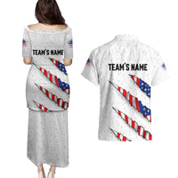 Personalized American Flag Bowling Team Couples Matching Puletasi and Hawaiian Shirt Pins and Ball Torn Stripes and Patterned White - Wonder Print Shop