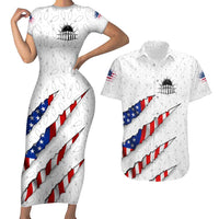 Personalized American Flag Bowling Team Couples Matching Short Sleeve Bodycon Dress and Hawaiian Shirt Pins and Ball Torn Stripes and Patterned White - Wonder Print Shop