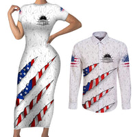 Personalized American Flag Bowling Team Couples Matching Short Sleeve Bodycon Dress and Long Sleeve Button Shirt Pins and Ball Torn Stripes and Patterned White - Wonder Print Shop