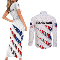 Personalized American Flag Bowling Team Couples Matching Short Sleeve Bodycon Dress and Long Sleeve Button Shirt Pins and Ball Torn Stripes and Patterned White - Wonder Print Shop