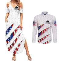 Personalized American Flag Bowling Team Couples Matching Summer Maxi Dress and Long Sleeve Button Shirt Pins and Ball Torn Stripes and Patterned White - Wonder Print Shop