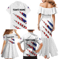 Personalized American Flag Bowling Team Family Matching Mermaid Dress and Hawaiian Shirt Pins and Ball Torn Stripes and Patterned White - Wonder Print Shop