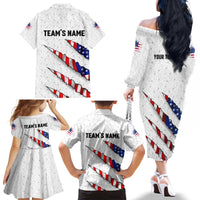 Personalized American Flag Bowling Team Family Matching Off The Shoulder Long Sleeve Dress and Hawaiian Shirt Pins and Ball Torn Stripes and Patterned White - Wonder Print Shop