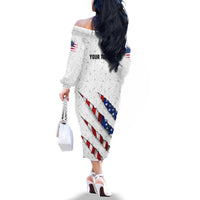 Personalized American Flag Bowling Team Family Matching Off The Shoulder Long Sleeve Dress and Hawaiian Shirt Pins and Ball Torn Stripes and Patterned White - Wonder Print Shop