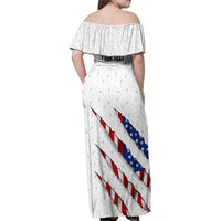 Personalized American Flag Bowling Team Family Matching Off Shoulder Maxi Dress and Hawaiian Shirt Pins and Ball Torn Stripes and Patterned White - Wonder Print Shop