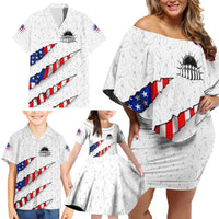 Personalized American Flag Bowling Team Family Matching Off Shoulder Short Dress and Hawaiian Shirt Pins and Ball Torn Stripes and Patterned White - Wonder Print Shop