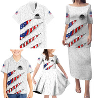 Personalized American Flag Bowling Team Family Matching Puletasi and Hawaiian Shirt Pins and Ball Torn Stripes and Patterned White - Wonder Print Shop