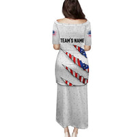 Personalized American Flag Bowling Team Family Matching Puletasi and Hawaiian Shirt Pins and Ball Torn Stripes and Patterned White - Wonder Print Shop