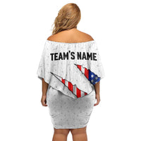 Personalized American Flag Bowling Team Off Shoulder Short Dress Pins and Ball Torn Stripes and Patterned White - Wonder Print Shop