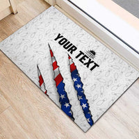 Personalized American Flag Bowling Team Rubber Doormat Pins and Ball Torn Stripes and Patterned White - Wonder Print Shop