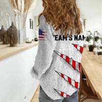 Personalized American Flag Bowling Team Women Casual Shirt Pins and Ball Torn Stripes and Patterned White - Wonder Print Shop