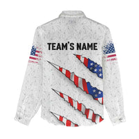 Personalized American Flag Bowling Team Women Casual Shirt Pins and Ball Torn Stripes and Patterned White - Wonder Print Shop