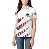 Personalized American Flag Bowling Team Women Polo Shirt Pins and Ball Torn Stripes and Patterned White - Wonder Print Shop
