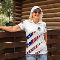Personalized American Flag Bowling Team Women Polo Shirt Pins and Ball Torn Stripes and Patterned White - Wonder Print Shop