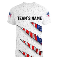 Personalized American Flag Bowling Team Women V-Neck T-Shirt Pins and Ball Torn Stripes and Patterned White - Wonder Print Shop