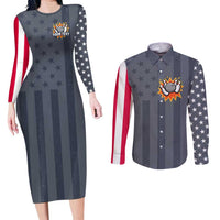 Custom Bowling Ball and Pins Couples Matching Long Sleeve Bodycon Dress and Long Sleeve Button Shirt American Flag Stars and Stripes in Grunge Patriotic - Wonder Print Shop
