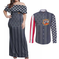 Custom Bowling Ball and Pins Couples Matching Off Shoulder Maxi Dress and Long Sleeve Button Shirt American Flag Stars and Stripes in Grunge Patriotic - Wonder Print Shop