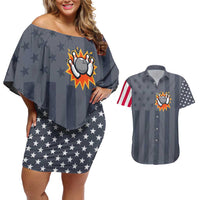 Custom Bowling Ball and Pins Couples Matching Off Shoulder Short Dress and Hawaiian Shirt American Flag Stars and Stripes in Grunge Patriotic - Wonder Print Shop