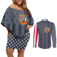 Custom Bowling Ball and Pins Couples Matching Off Shoulder Short Dress and Long Sleeve Button Shirt American Flag Stars and Stripes in Grunge Patriotic - Wonder Print Shop