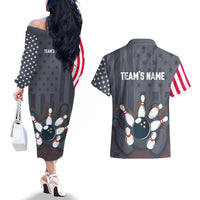 Custom Bowling Ball and Pins Couples Matching Off The Shoulder Long Sleeve Dress and Hawaiian Shirt American Flag Stars and Stripes in Grunge Patriotic - Wonder Print Shop