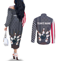 Custom Bowling Ball and Pins Couples Matching Off The Shoulder Long Sleeve Dress and Long Sleeve Button Shirt American Flag Stars and Stripes in Grunge Patriotic - Wonder Print Shop