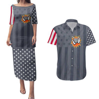 Custom Bowling Ball and Pins Couples Matching Puletasi and Hawaiian Shirt American Flag Stars and Stripes in Grunge Patriotic - Wonder Print Shop
