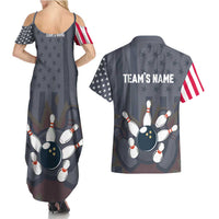 Custom Bowling Ball and Pins Couples Matching Summer Maxi Dress and Hawaiian Shirt American Flag Stars and Stripes in Grunge Patriotic - Wonder Print Shop