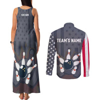 Custom Bowling Ball and Pins Couples Matching Tank Maxi Dress and Long Sleeve Button Shirt American Flag Stars and Stripes in Grunge Patriotic - Wonder Print Shop