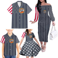 Custom Bowling Ball and Pins Family Matching Off The Shoulder Long Sleeve Dress and Hawaiian Shirt American Flag Stars and Stripes in Grunge Patriotic - Wonder Print Shop
