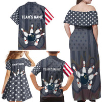 Custom Bowling Ball and Pins Family Matching Off Shoulder Maxi Dress and Hawaiian Shirt American Flag Stars and Stripes in Grunge Patriotic - Wonder Print Shop