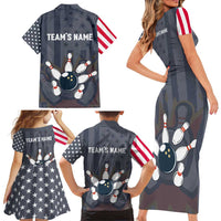 Custom Bowling Ball and Pins Family Matching Short Sleeve Bodycon Dress and Hawaiian Shirt American Flag Stars and Stripes in Grunge Patriotic - Wonder Print Shop