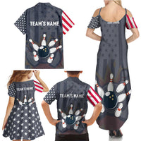 Custom Bowling Ball and Pins Family Matching Summer Maxi Dress and Hawaiian Shirt American Flag Stars and Stripes in Grunge Patriotic - Wonder Print Shop