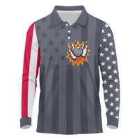 Custom Bowling Ball and Pins Long Sleeve Polo Shirt American Flag Stars and Stripes in Grunge Patriotic - Wonder Print Shop