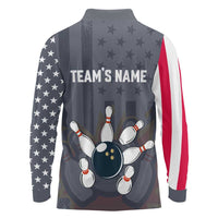 Custom Bowling Ball and Pins Long Sleeve Polo Shirt American Flag Stars and Stripes in Grunge Patriotic - Wonder Print Shop