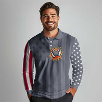 Custom Bowling Ball and Pins Long Sleeve Polo Shirt American Flag Stars and Stripes in Grunge Patriotic - Wonder Print Shop