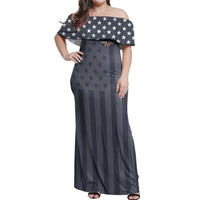 Custom Bowling Ball and Pins Off Shoulder Maxi Dress American Flag Stars and Stripes in Grunge Patriotic - Wonder Print Shop