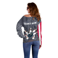Custom Bowling Ball and Pins Off Shoulder Sweater American Flag Stars and Stripes in Grunge Patriotic - Wonder Print Shop