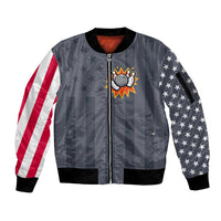 Custom Bowling Ball and Pins Sleeve Zip Bomber Jacket American Flag Stars and Stripes in Grunge Patriotic - Wonder Print Shop