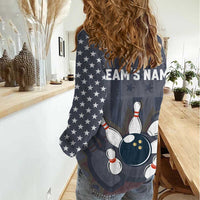 Custom Bowling Ball and Pins Women Casual Shirt American Flag Stars and Stripes in Grunge Patriotic - Wonder Print Shop