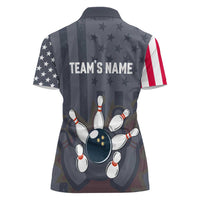 Custom Bowling Ball and Pins Women Polo Shirt American Flag Stars and Stripes in Grunge Patriotic - Wonder Print Shop