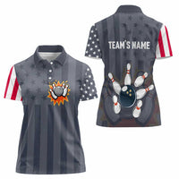 Custom Bowling Ball and Pins Women Polo Shirt American Flag Stars and Stripes in Grunge Patriotic - Wonder Print Shop