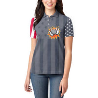 Custom Bowling Ball and Pins Women Polo Shirt American Flag Stars and Stripes in Grunge Patriotic - Wonder Print Shop