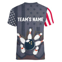 Custom Bowling Ball and Pins Women V-Neck T-Shirt American Flag Stars and Stripes in Grunge Patriotic - Wonder Print Shop