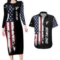 Grunge American Flag Custom Bowling Couples Matching Long Sleeve Bodycon Dress and Hawaiian Shirt Pins Graphic and Team Text Layout Design - Wonder Print Shop