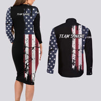 Grunge American Flag Custom Bowling Couples Matching Long Sleeve Bodycon Dress and Long Sleeve Button Shirt Pins Graphic and Team Text Layout Design - Wonder Print Shop