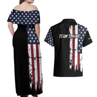 Grunge American Flag Custom Bowling Couples Matching Off Shoulder Maxi Dress and Hawaiian Shirt Pins Graphic and Team Text Layout Design - Wonder Print Shop
